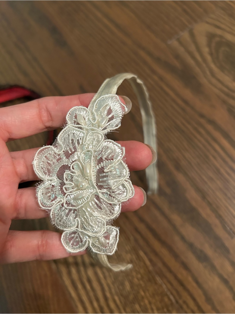 Ivory Lace Flower Headband with Pearl Embellishments